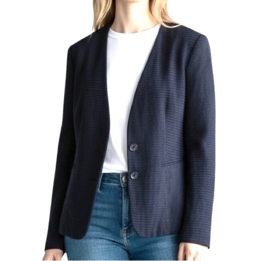 Talbots Silk Blazer Suit Jacket Women 12P Navy‎ Mini shutter pleat Lined Career
